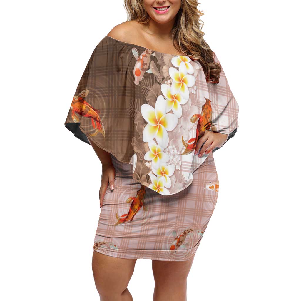 Hawaii And Japan Off Shoulder Short Dress Plumeria Lei With Koi Fish Beige LT05 Women Beige - Polynesian Pride