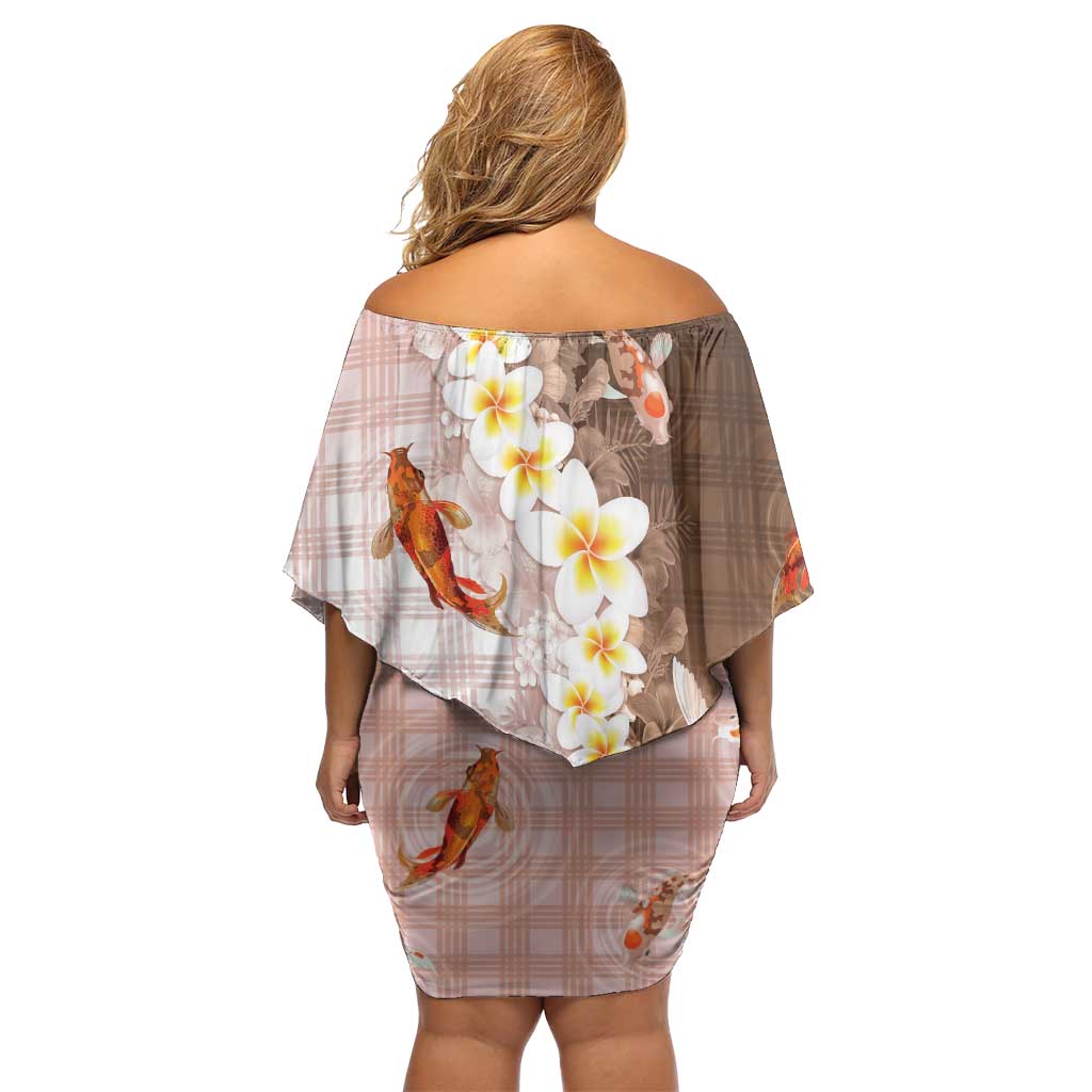 Hawaii And Japan Off Shoulder Short Dress Plumeria Lei With Koi Fish Beige LT05 - Polynesian Pride