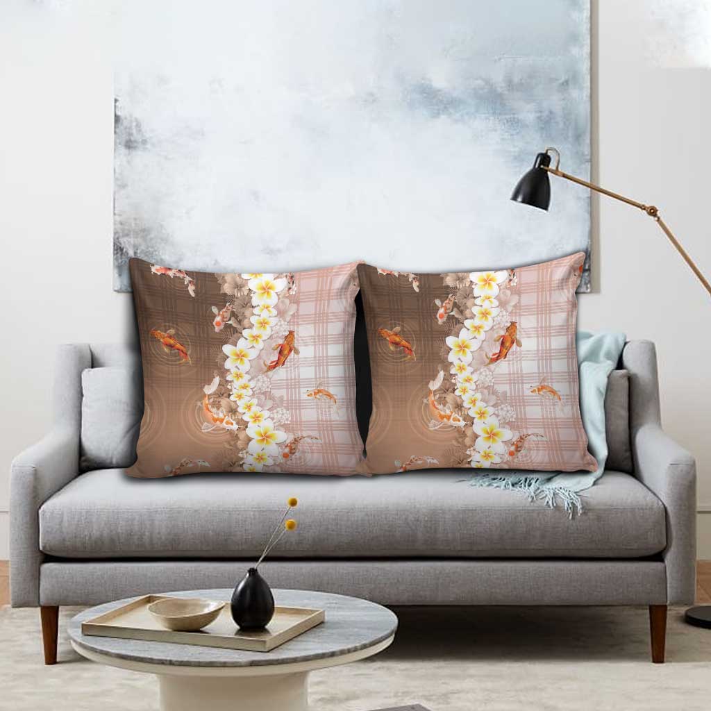 Hawaii And Japan Pillow Cover Plumeria Lei With Koi Fish Beige LT05 - Polynesian Pride