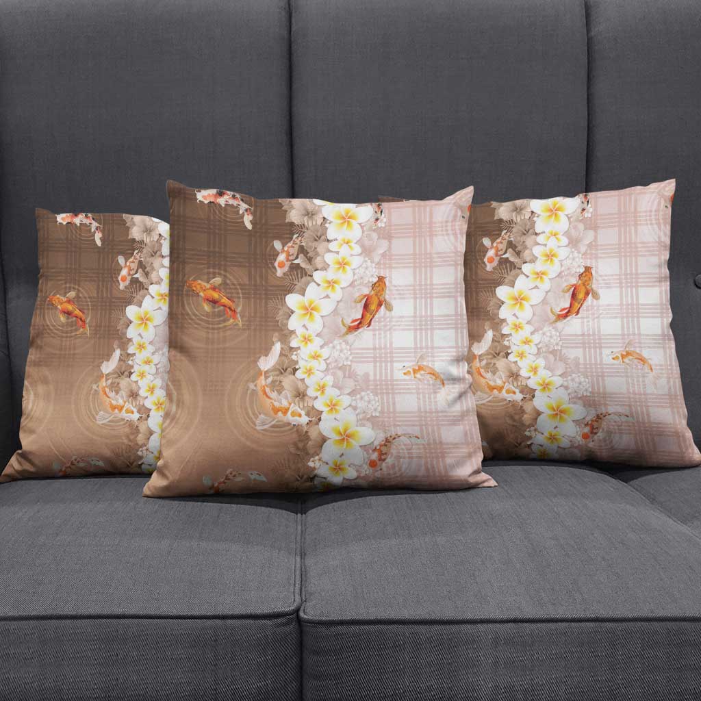 Hawaii And Japan Pillow Cover Plumeria Lei With Koi Fish Beige LT05 - Polynesian Pride