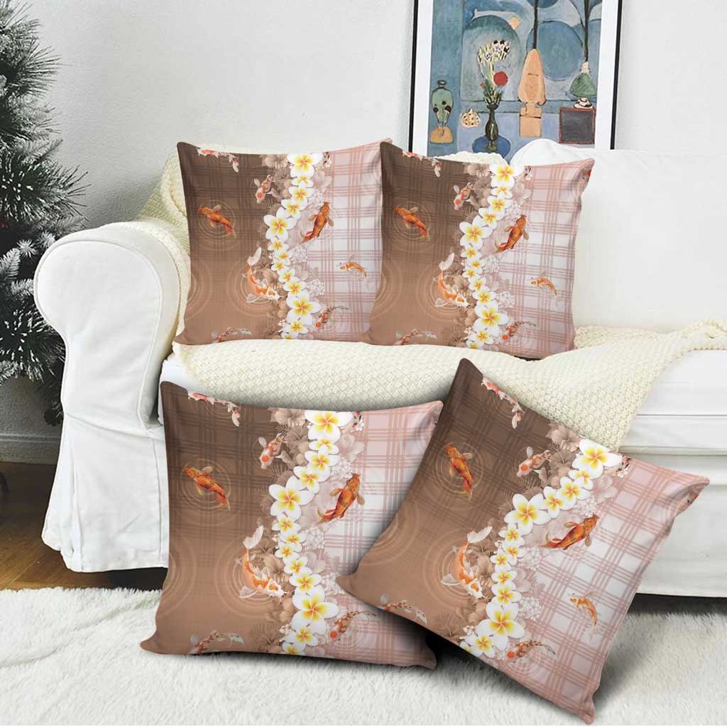 Hawaii And Japan Pillow Cover Plumeria Lei With Koi Fish Beige LT05 - Polynesian Pride