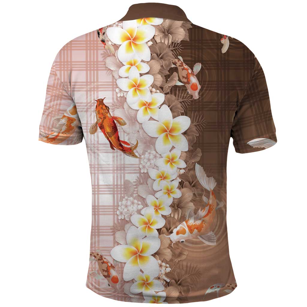 Hawaii And Japan Polo Shirt Plumeria Lei With Koi Fish Beige LT05 - Polynesian Pride