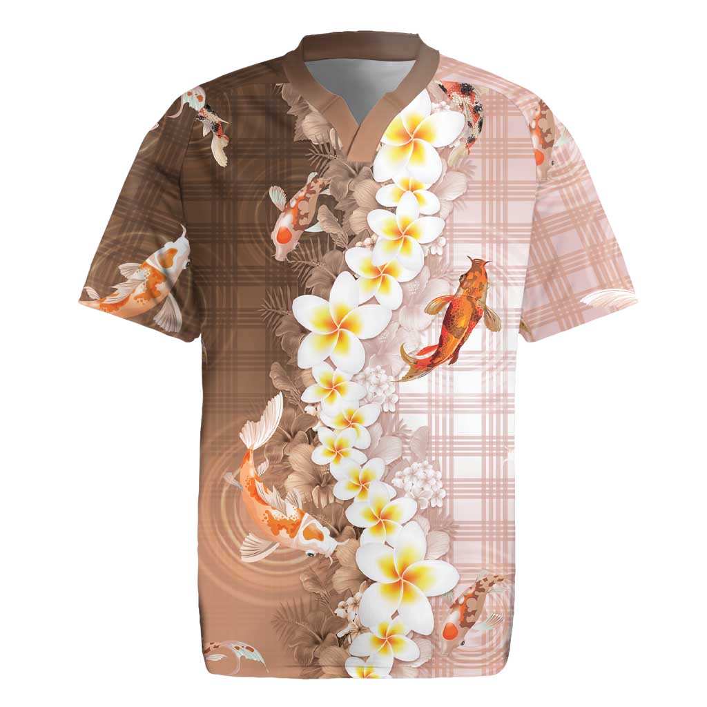 Hawaii And Japan Rugby Jersey Plumeria Lei With Koi Fish Beige - Polynesian Pride