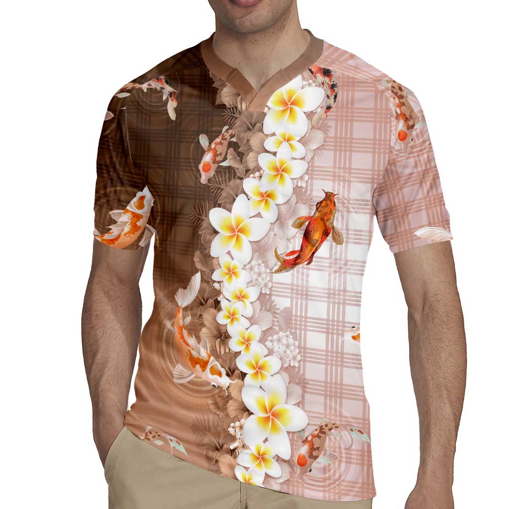 Hawaii And Japan Rugby Jersey Plumeria Lei With Koi Fish Beige LT05 - Polynesian Pride