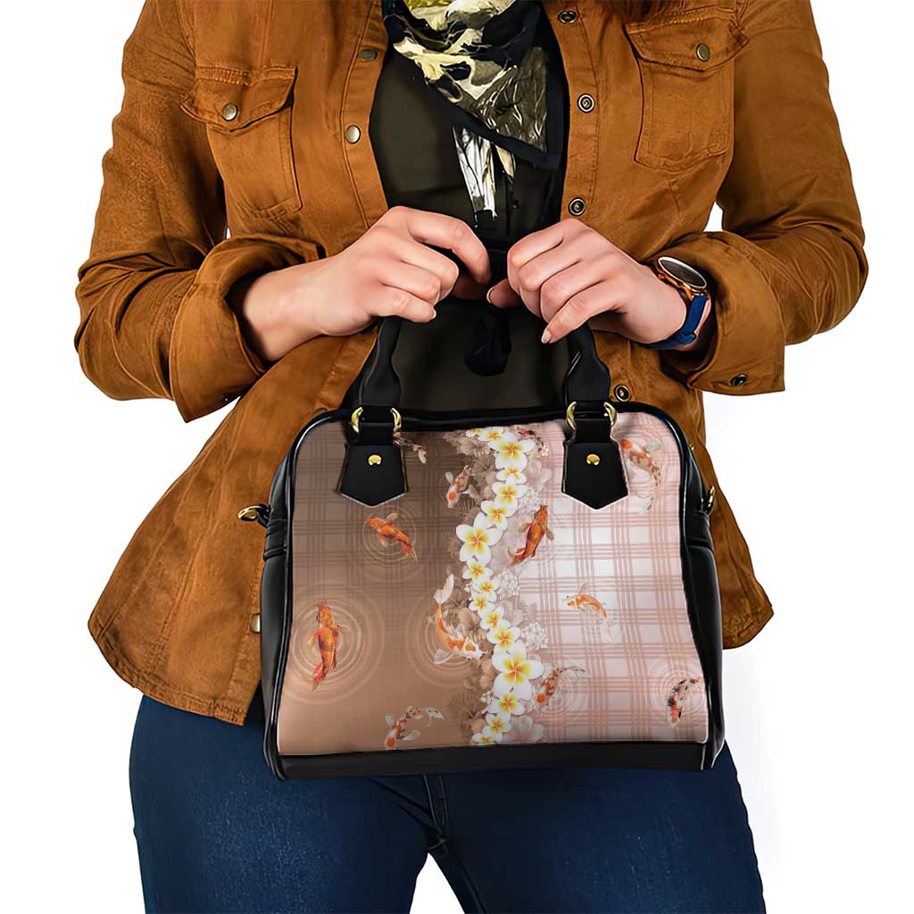 Hawaii And Japan Shoulder Handbag Plumeria Lei With Koi Fish Beige LT05 - Polynesian Pride