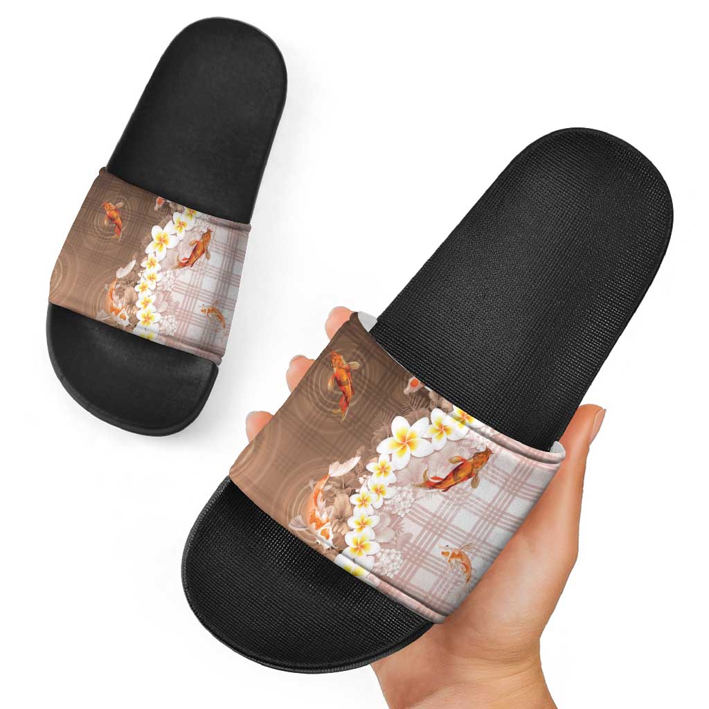 Hawaii And Japan Slide Sandals Plumeria Lei With Koi Fish Beige - Polynesian Pride