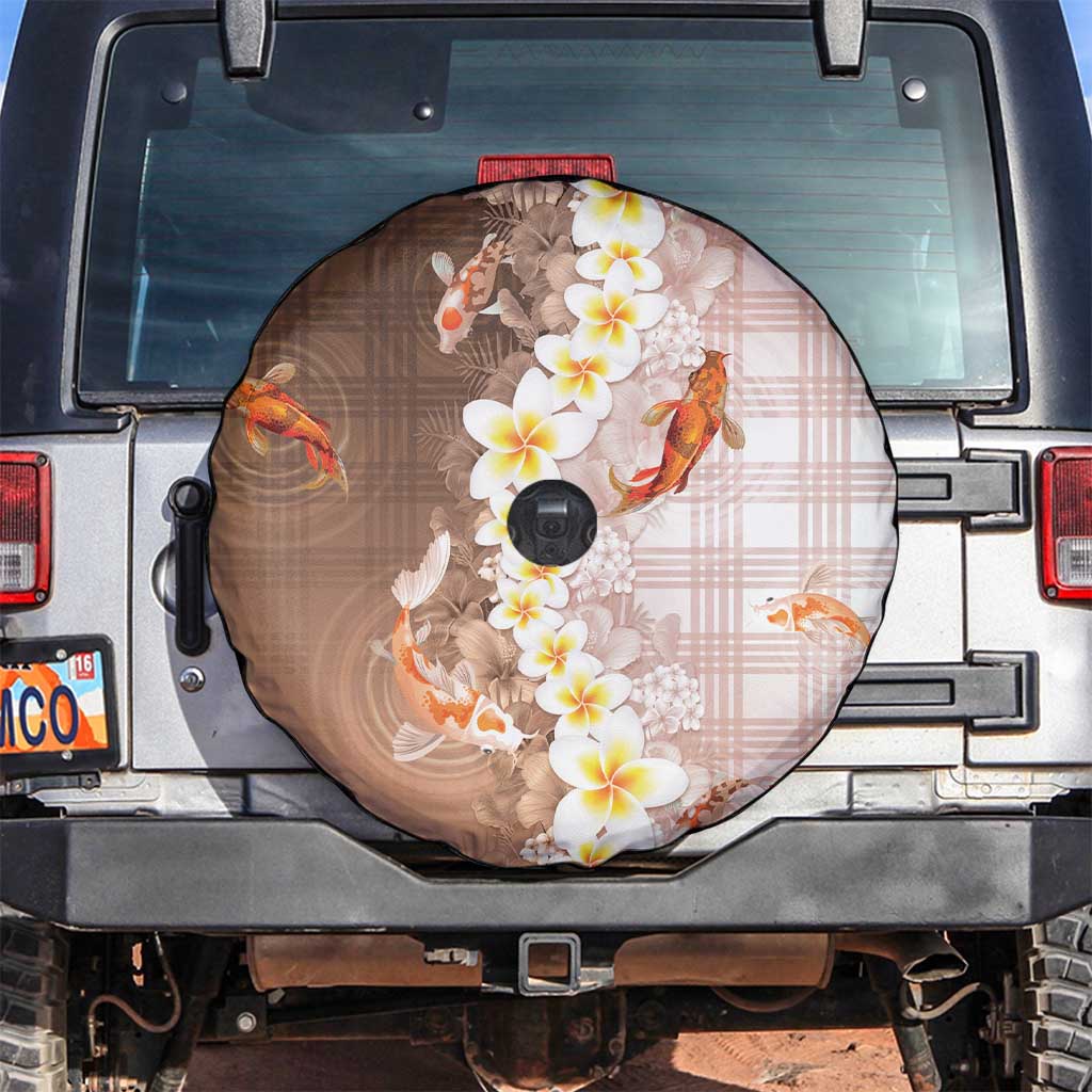 Hawaii And Japan Spare Tire Cover Plumeria Lei With Koi Fish Beige LT05 Beige - Polynesian Pride