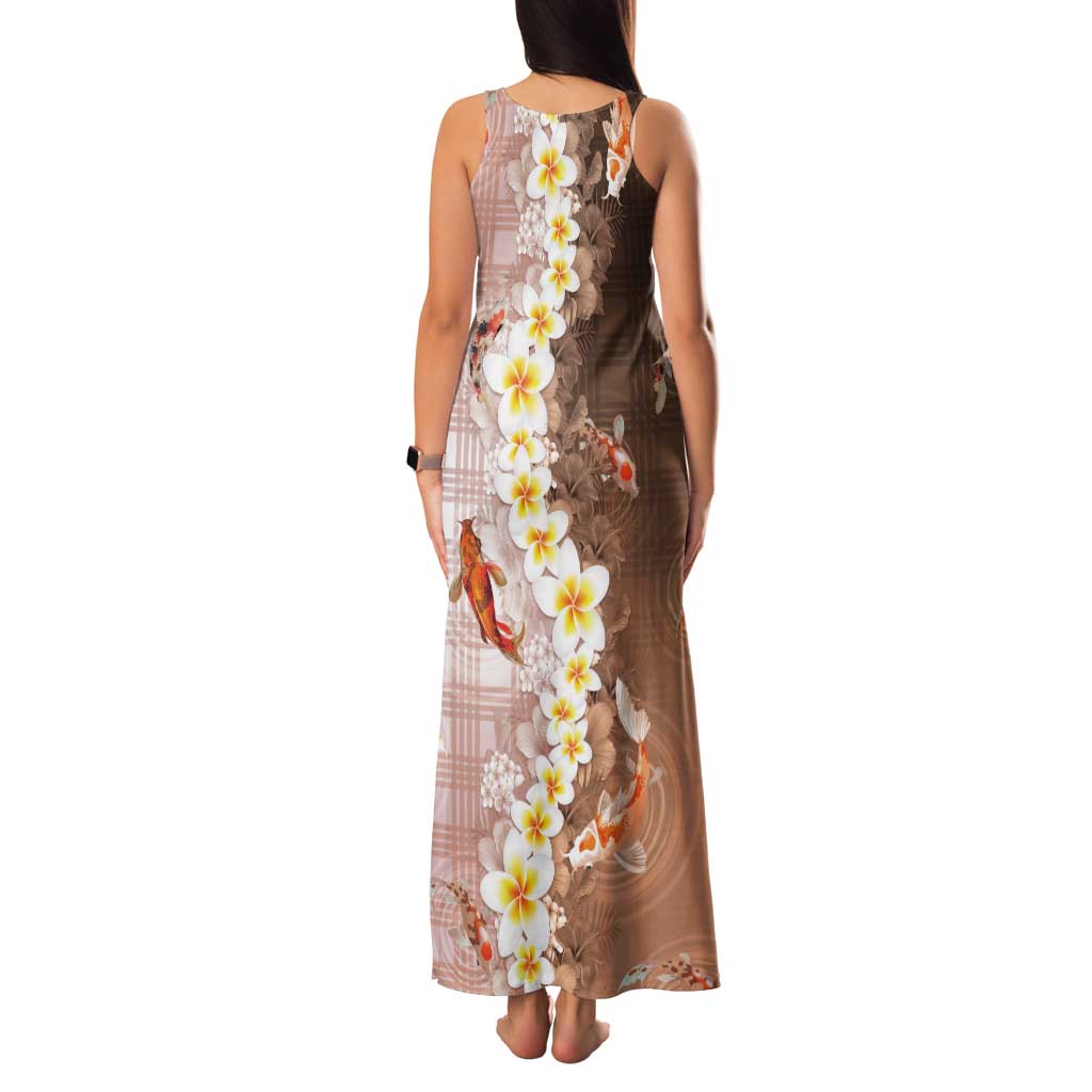 Hawaii And Japan Tank Maxi Dress Plumeria Lei With Koi Fish Beige LT05 - Polynesian Pride