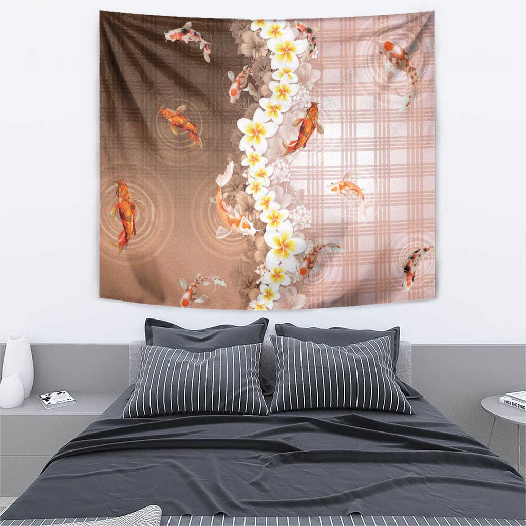 Hawaii And Japan Tapestry Plumeria Lei With Koi Fish Beige LT05 - Polynesian Pride