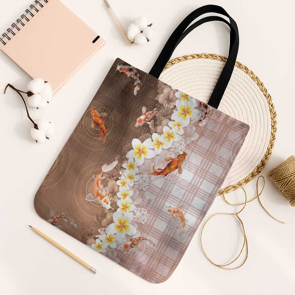 Hawaii And Japan Tote Bag Plumeria Lei With Koi Fish Beige LT05 Black Strap One Size Beige - Polynesian Pride