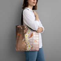 Hawaii And Japan Tote Bag Plumeria Lei With Koi Fish Beige LT05 - Polynesian Pride