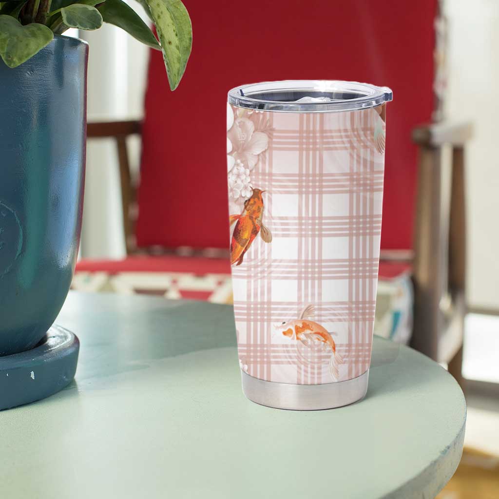 Hawaii And Japan Tumbler Cup Plumeria Lei With Koi Fish Beige LT05 - Polynesian Pride