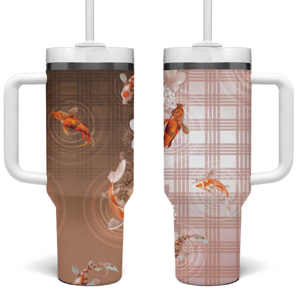 Hawaii And Japan Tumbler With Handle Plumeria Lei With Koi Fish Beige LT05 One Size: 40 oz Beige - Polynesian Pride