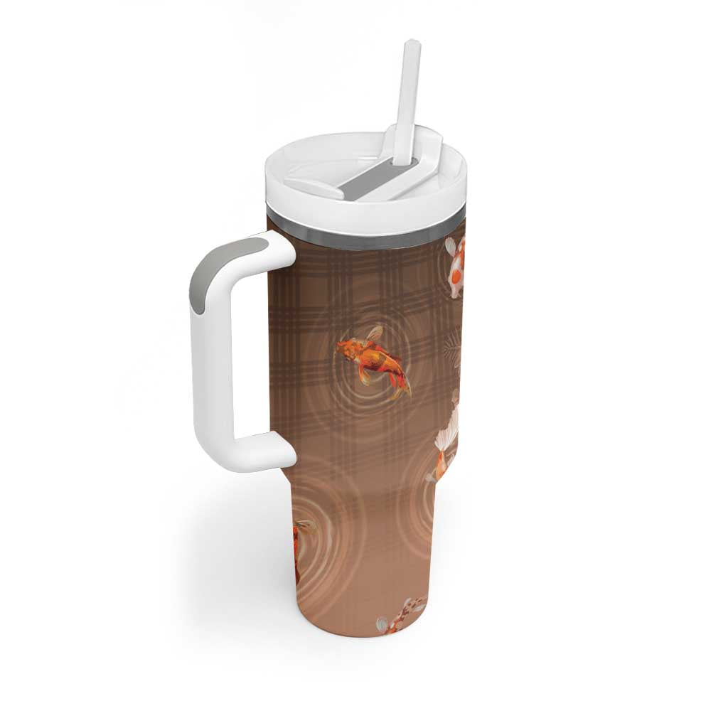 Hawaii And Japan Tumbler With Handle Plumeria Lei With Koi Fish Beige LT05 - Polynesian Pride