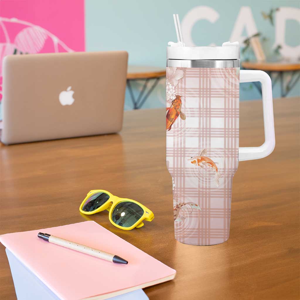 Hawaii And Japan Tumbler With Handle Plumeria Lei With Koi Fish Beige LT05 - Polynesian Pride