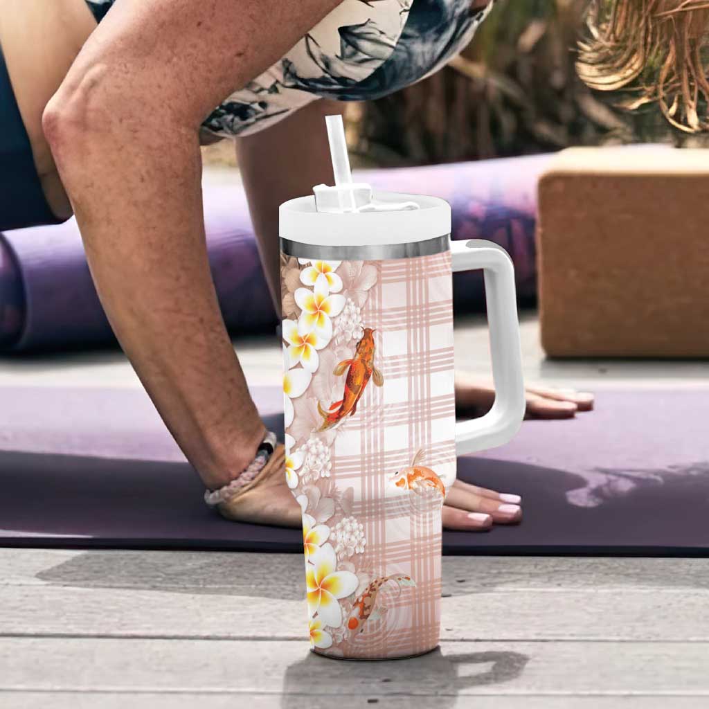 Hawaii And Japan Tumbler With Handle Plumeria Lei With Koi Fish Beige LT05 - Polynesian Pride