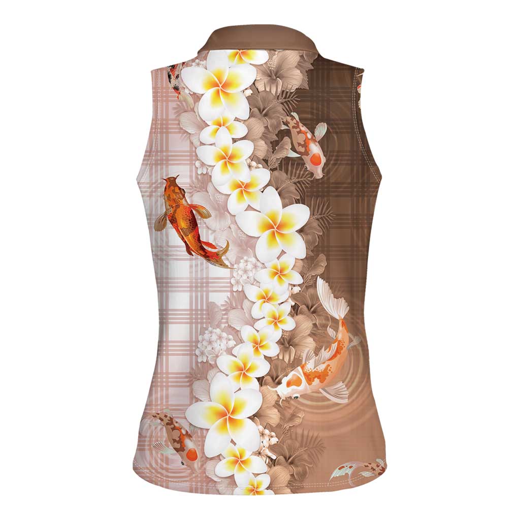 Hawaii And Japan Women Sleeveless Polo Shirt Plumeria Lei With Koi Fish Beige LT05 - Polynesian Pride