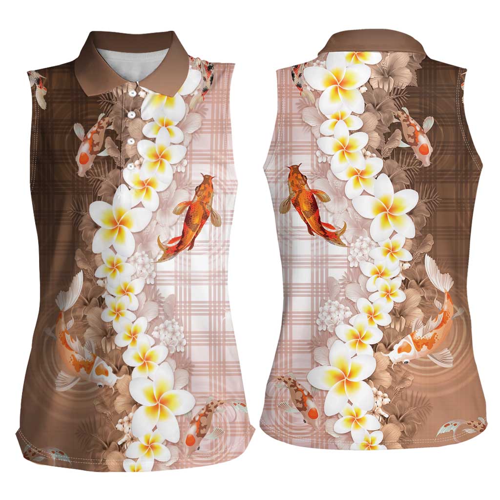 Hawaii And Japan Women Sleeveless Polo Shirt Plumeria Lei With Koi Fish Beige LT05 - Polynesian Pride