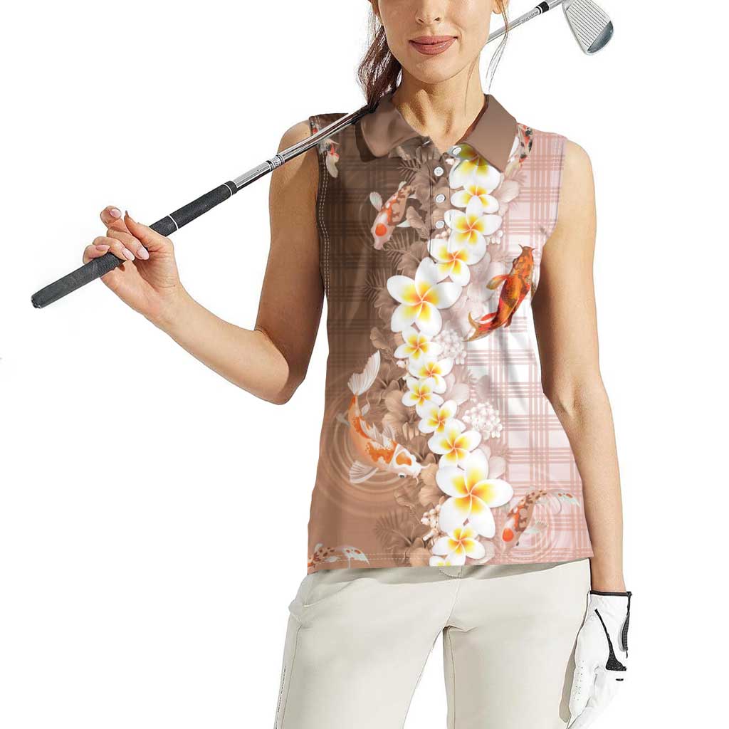 Hawaii And Japan Women Sleeveless Polo Shirt Plumeria Lei With Koi Fish Beige LT05 - Polynesian Pride