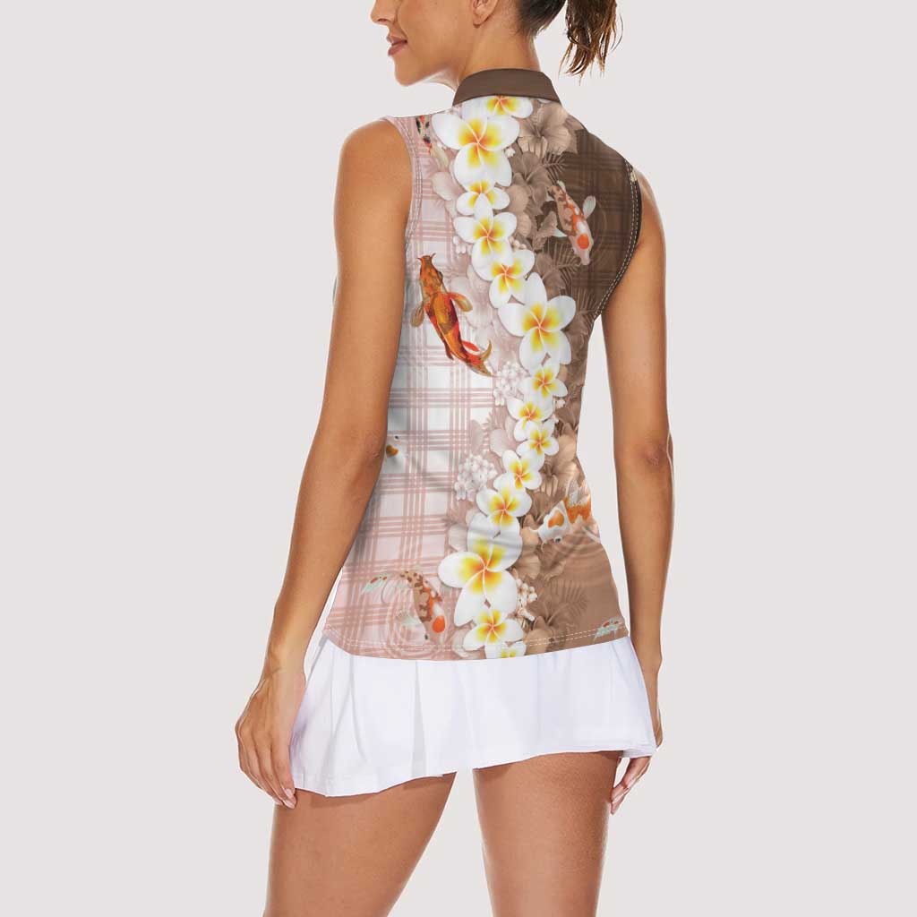 Hawaii And Japan Women Sleeveless Polo Shirt Plumeria Lei With Koi Fish Beige LT05 - Polynesian Pride