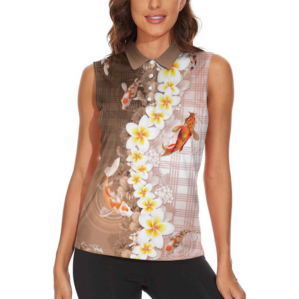Hawaii And Japan Women Sleeveless Polo Shirt Plumeria Lei With Koi Fish Beige LT05 - Polynesian Pride