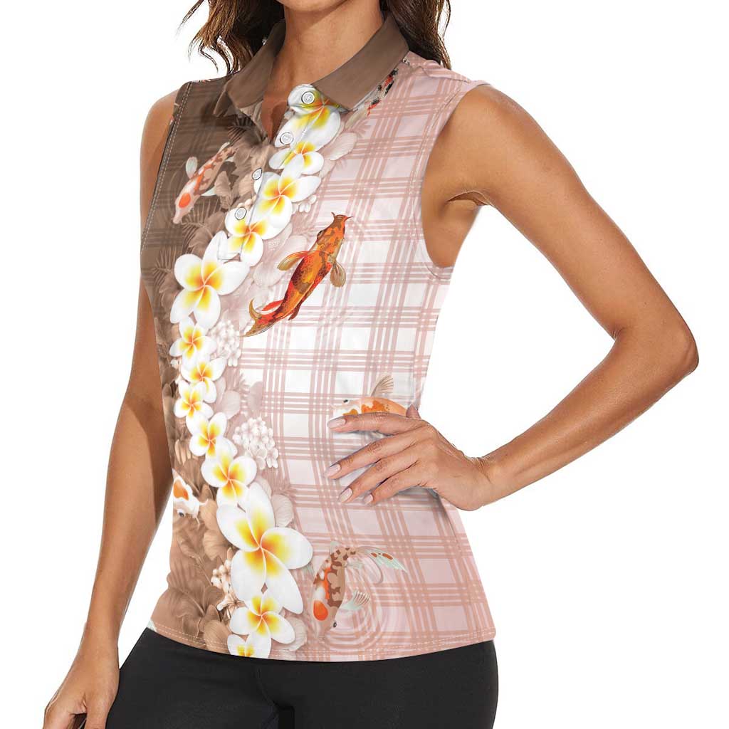 Hawaii And Japan Women Sleeveless Polo Shirt Plumeria Lei With Koi Fish Beige LT05 - Polynesian Pride