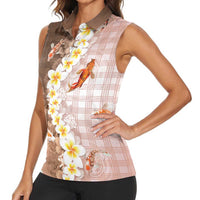 Hawaii And Japan Women Sleeveless Polo Shirt Plumeria Lei With Koi Fish Beige LT05 - Polynesian Pride