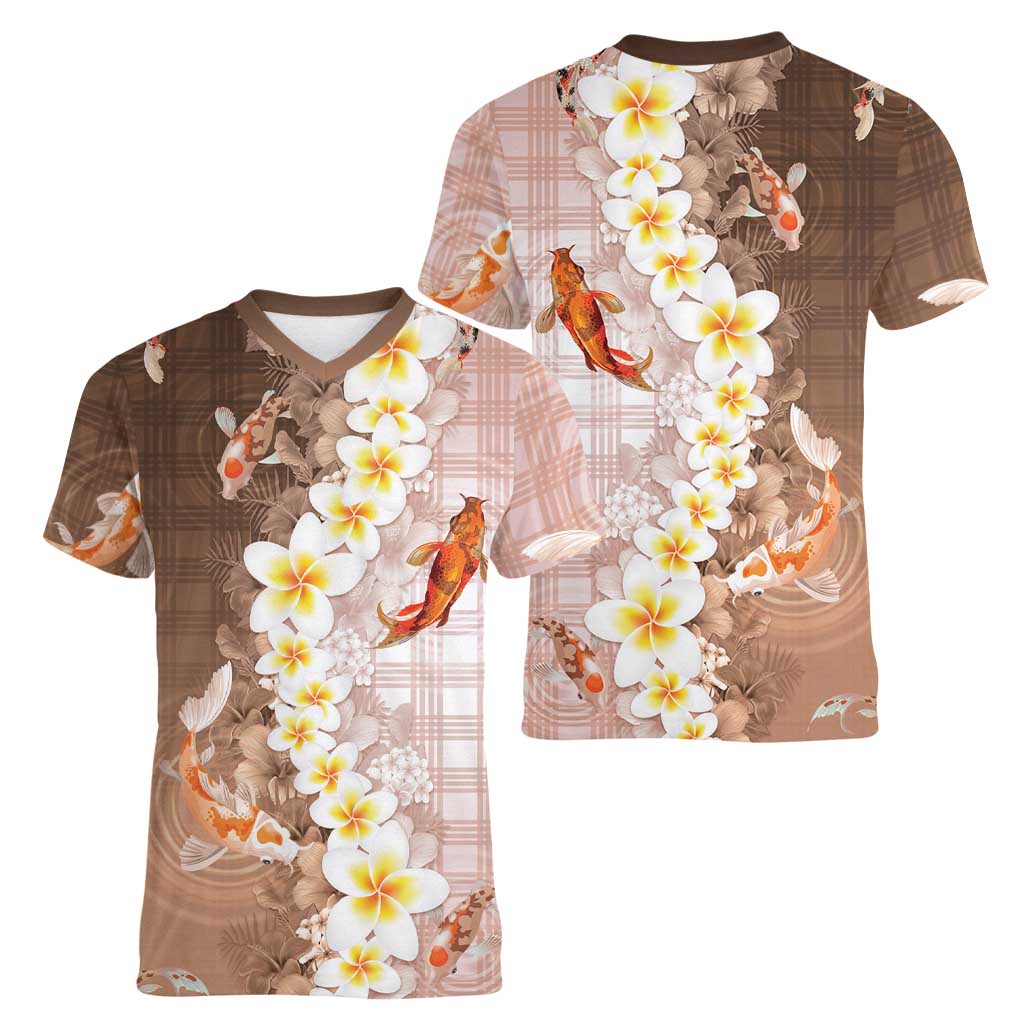 Hawaii And Japan Women V-Neck T-Shirt Plumeria Lei With Koi Fish Beige - Polynesian Pride