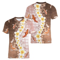 Hawaii And Japan Women V-Neck T-Shirt Plumeria Lei With Koi Fish Beige - Polynesian Pride