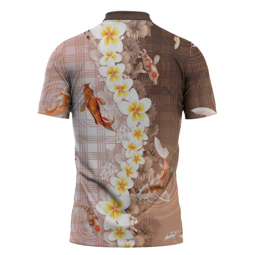 Hawaii And Japan Zipper Polo Shirt Plumeria Lei With Koi Fish Beige LT05 - Polynesian Pride