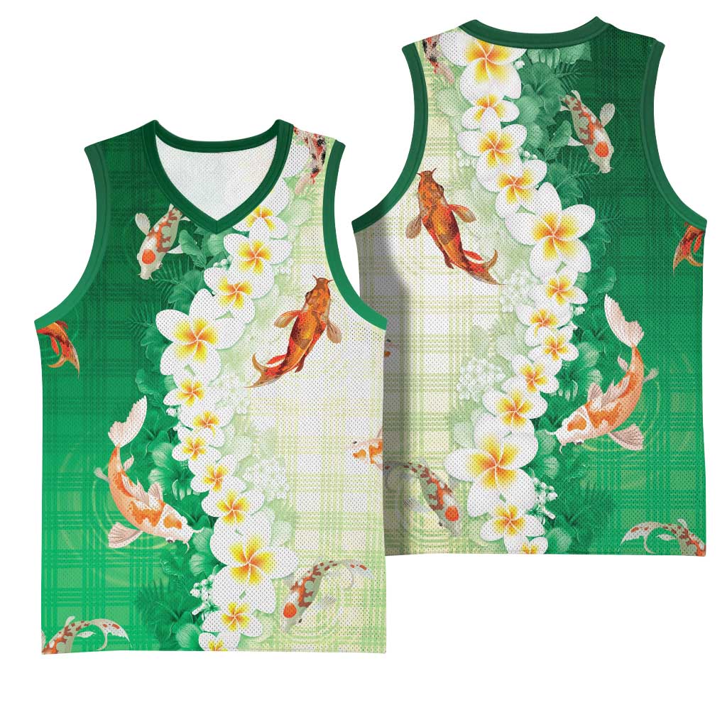 Hawaii And Japan Basketball Jersey Plumeria Lei With Koi Fish Green LT05 - Polynesian Pride