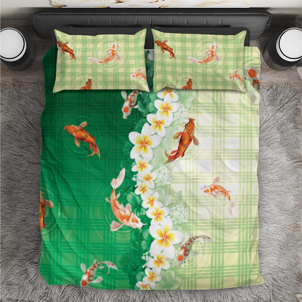 Hawaii And Japan Bedding Set Plumeria Lei With Koi Fish Green LT05 Green - Polynesian Pride