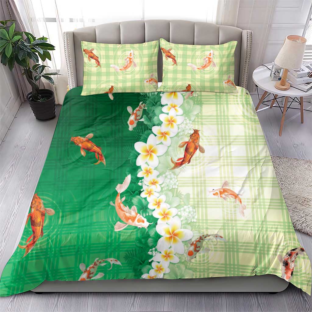 Hawaii And Japan Bedding Set Plumeria Lei With Koi Fish Green LT05 - Polynesian Pride