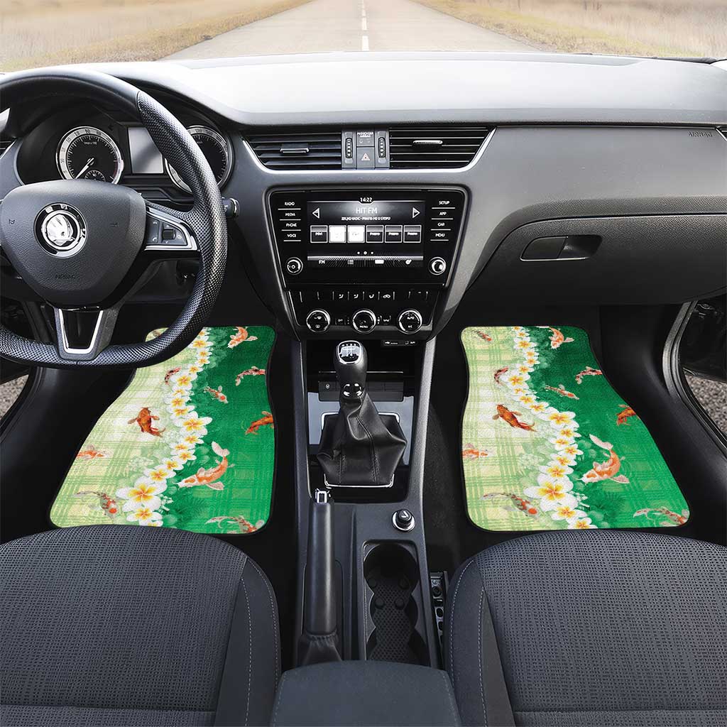 Hawaii And Japan Car Mats Plumeria Lei With Koi Fish Green LT05 Set 2pcs - Front Green - Polynesian Pride