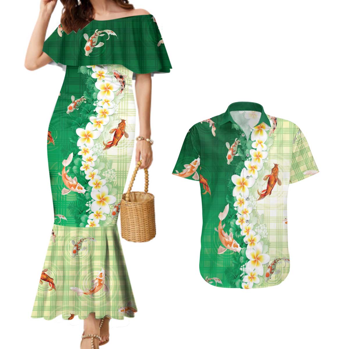 Hawaii And Japan Couples Matching Mermaid Dress and Hawaiian Shirt Plumeria Lei With Koi Fish Green - Polynesian Pride