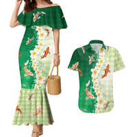 Hawaii And Japan Couples Matching Mermaid Dress and Hawaiian Shirt Plumeria Lei With Koi Fish Green - Polynesian Pride