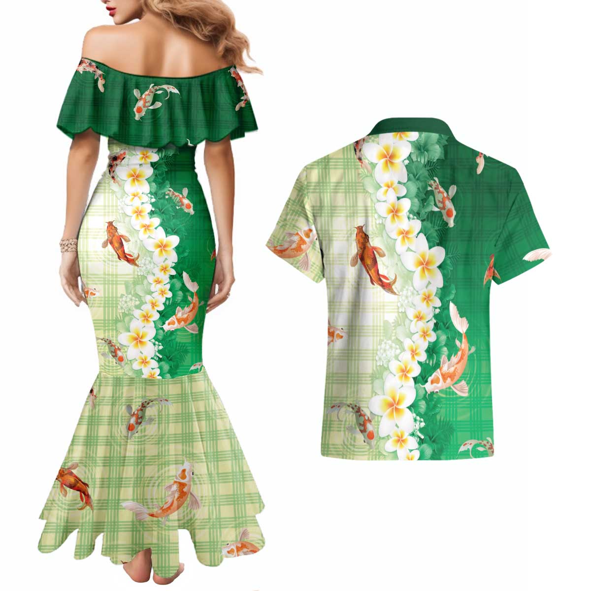 Hawaii And Japan Couples Matching Mermaid Dress and Hawaiian Shirt Plumeria Lei With Koi Fish Green - Polynesian Pride