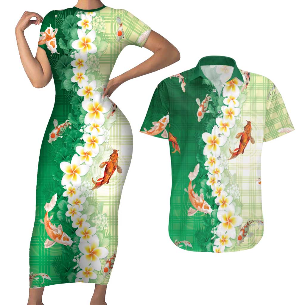 Hawaii And Japan Couples Matching Short Sleeve Bodycon Dress and Hawaiian Shirt Plumeria Lei With Koi Fish Green - Polynesian Pride