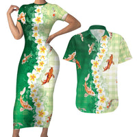 Hawaii And Japan Couples Matching Short Sleeve Bodycon Dress and Hawaiian Shirt Plumeria Lei With Koi Fish Green - Polynesian Pride