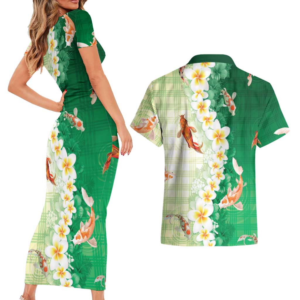 Hawaii And Japan Couples Matching Short Sleeve Bodycon Dress and Hawaiian Shirt Plumeria Lei With Koi Fish Green - Polynesian Pride