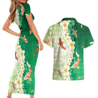 Hawaii And Japan Couples Matching Short Sleeve Bodycon Dress and Hawaiian Shirt Plumeria Lei With Koi Fish Green - Polynesian Pride