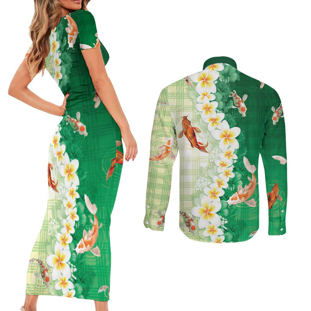 Hawaii And Japan Couples Matching Short Sleeve Bodycon Dress and Long Sleeve Button Shirt Plumeria Lei With Koi Fish Green - Polynesian Pride
