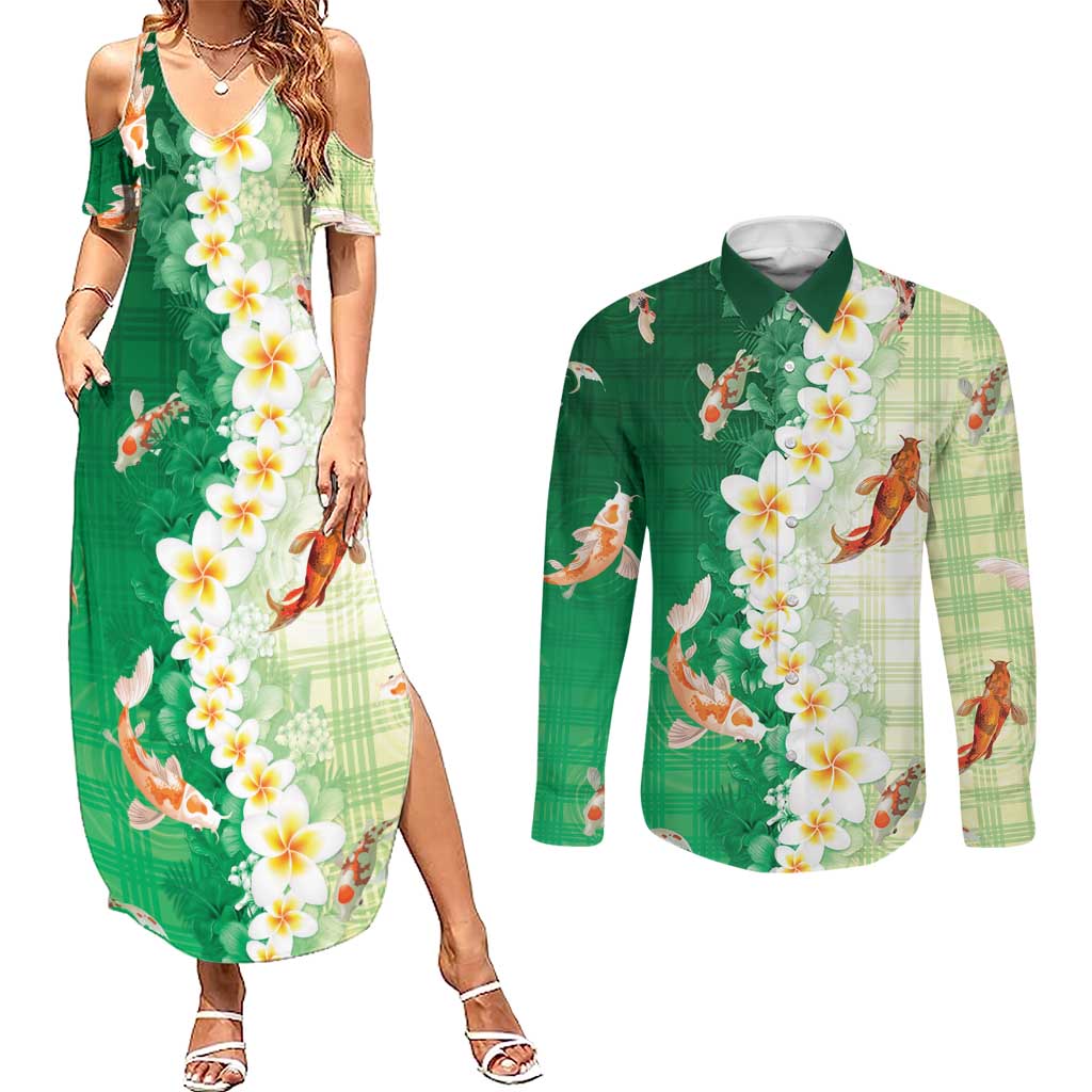 Hawaii And Japan Couples Matching Summer Maxi Dress and Long Sleeve Button Shirt Plumeria Lei With Koi Fish Green - Polynesian Pride