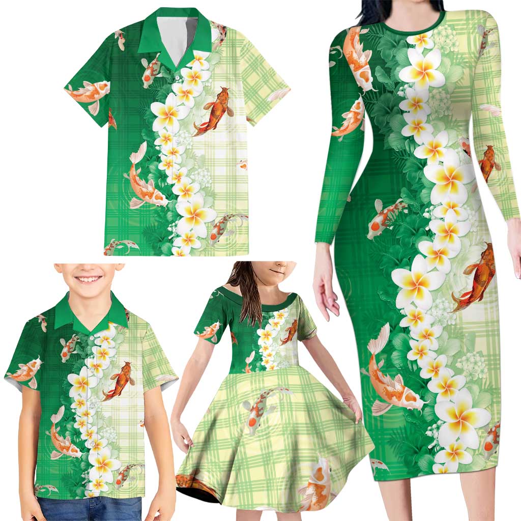 Hawaii And Japan Family Matching Long Sleeve Bodycon Dress and Hawaiian Shirt Plumeria Lei With Koi Fish Green - Polynesian Pride