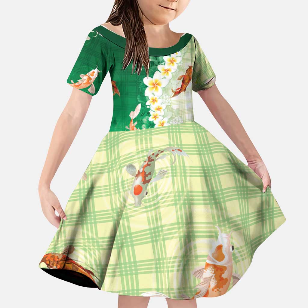 Hawaii And Japan Family Matching Mermaid Dress and Hawaiian Shirt Plumeria Lei With Koi Fish Green LT05 Daughter's Dress Green - Polynesian Pride