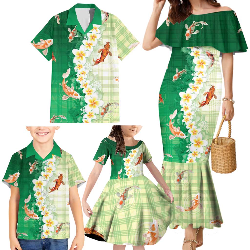 Hawaii And Japan Family Matching Mermaid Dress and Hawaiian Shirt Plumeria Lei With Koi Fish Green LT05 - Polynesian Pride
