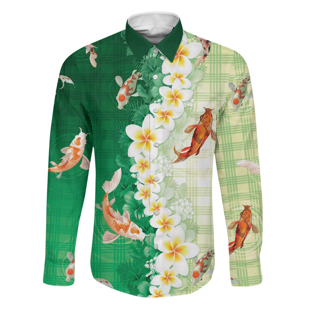 Hawaii And Japan Family Matching Mermaid Dress and Hawaiian Shirt Plumeria Lei With Koi Fish Green LT05 Dad's Shirt - Long Sleeve Green - Polynesian Pride