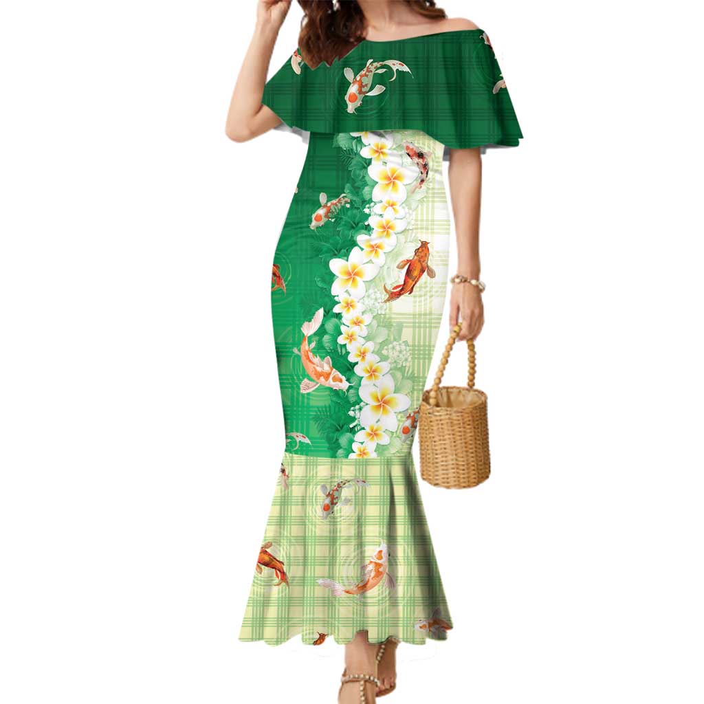 Hawaii And Japan Family Matching Mermaid Dress and Hawaiian Shirt Plumeria Lei With Koi Fish Green LT05 Mom's Dress Green - Polynesian Pride