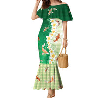 Hawaii And Japan Family Matching Mermaid Dress and Hawaiian Shirt Plumeria Lei With Koi Fish Green LT05 Mom's Dress Green - Polynesian Pride