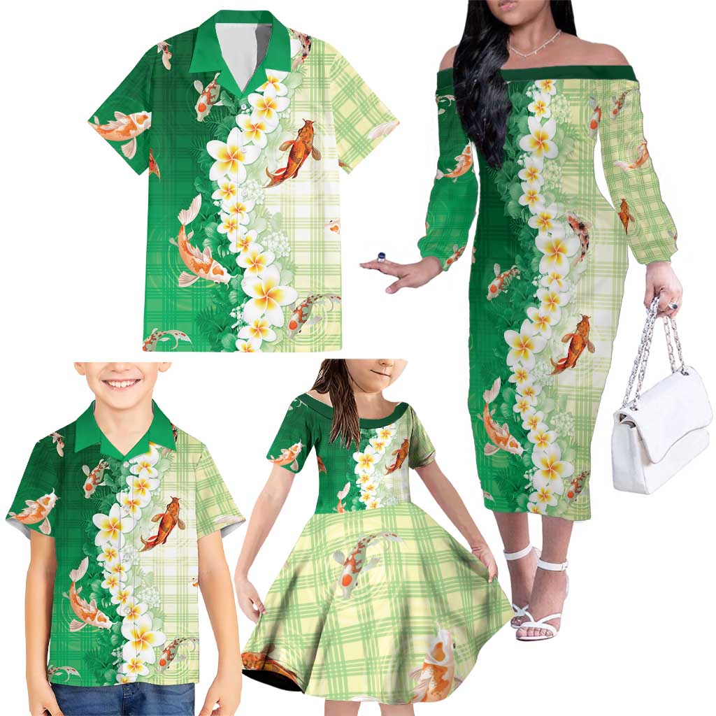 Hawaii And Japan Family Matching Off The Shoulder Long Sleeve Dress and Hawaiian Shirt Plumeria Lei With Koi Fish Green - Polynesian Pride